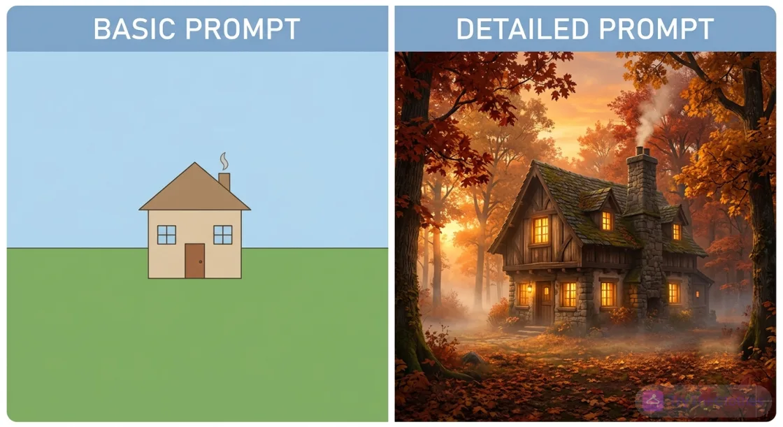 Two AI-generated images side by side: a plain basic-prompt house on the left and a detailed cinematic cottage on the right