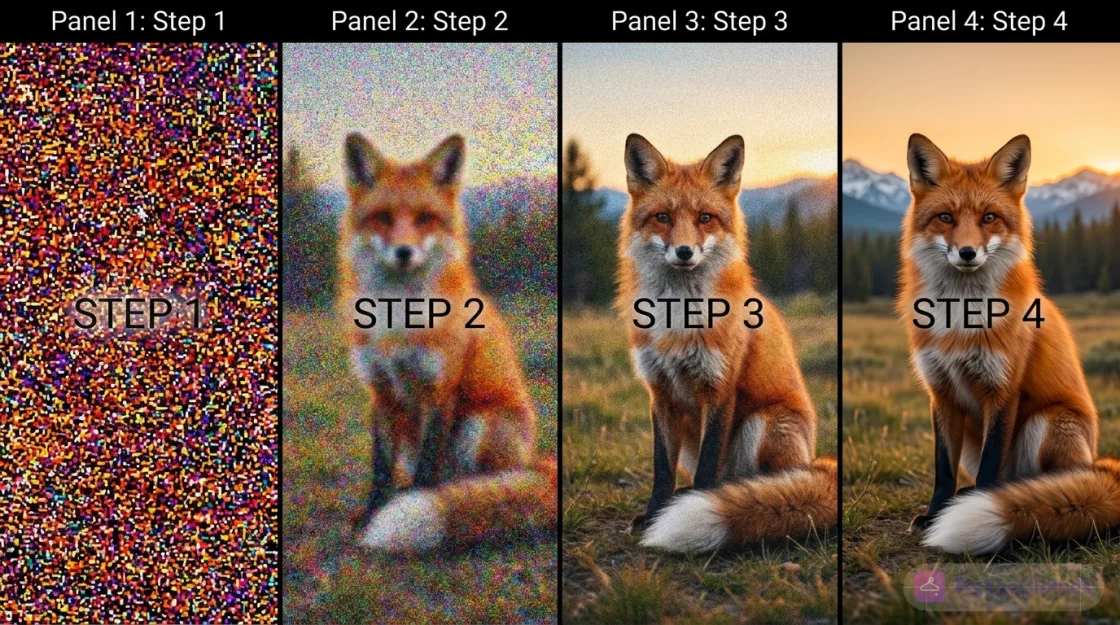 Four stages of an AI diffusion model turning random noise into a finished image of a fox