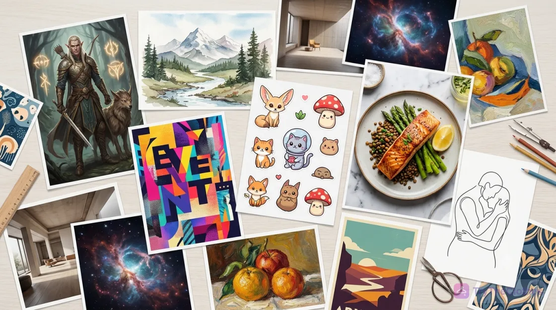A spread of many kinds of AI-generated art: character illustration, watercolour landscape, poster, stickers, food photo and line art