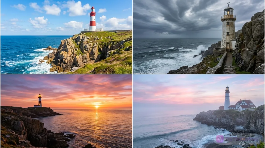 Four different AI images of the same prompt, a lighthouse on a cliff, each with a different look
