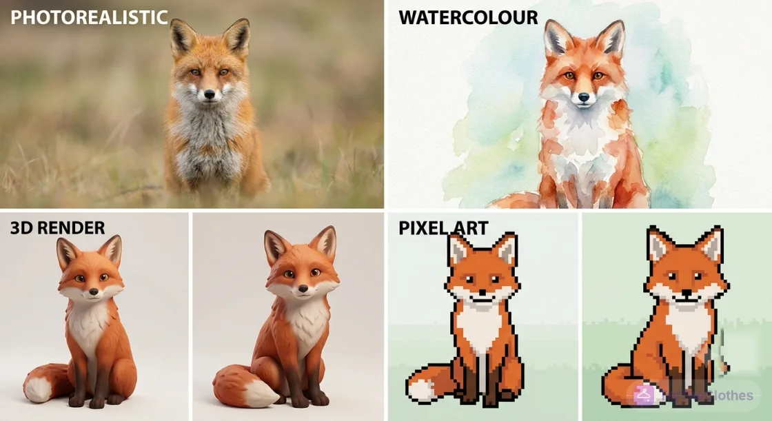 The same fox generated in four styles: photorealistic, watercolour, 3D render and pixel art