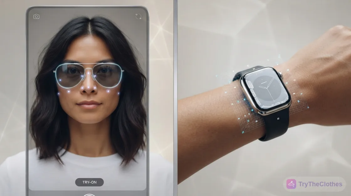 AR accessory try-on: digital sunglasses overlaid on a face and a smartwatch projected onto a wrist