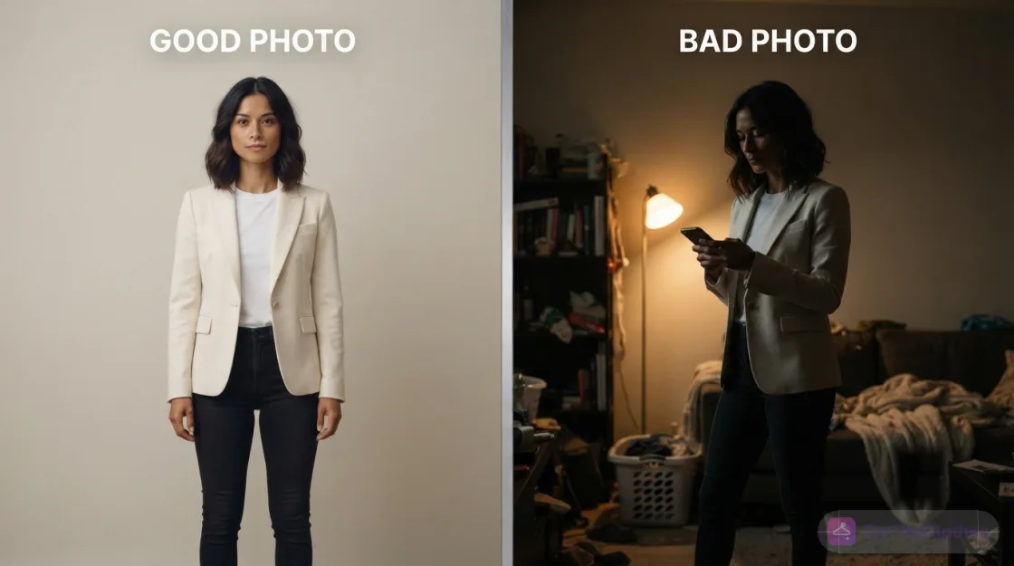 A good source photo (front-facing, even light, plain wall) next to a bad one (dim, cluttered, awkward angle)