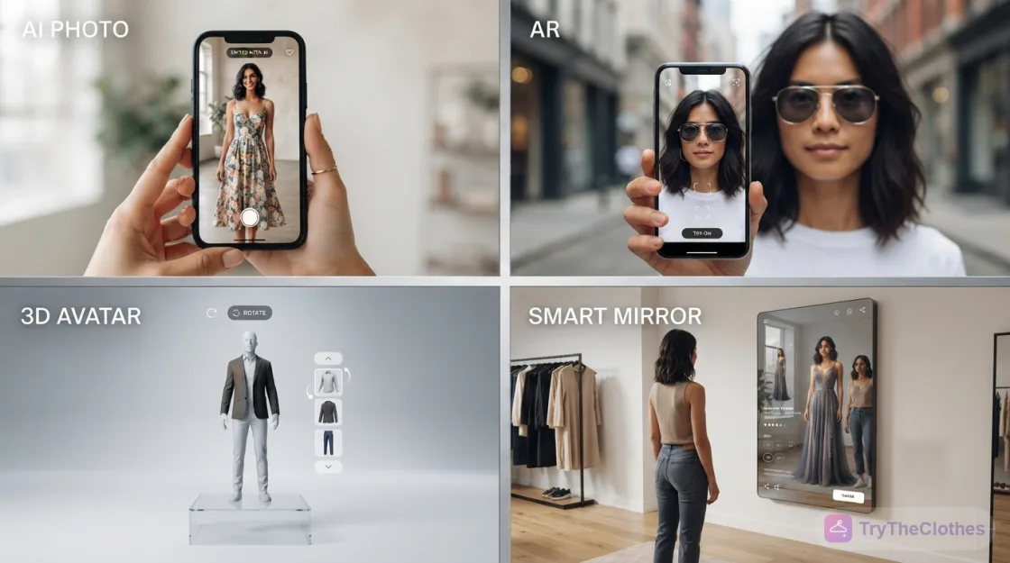 Four types of virtual try-on side by side: AI photo, AR, 3D avatar and in-store smart mirror