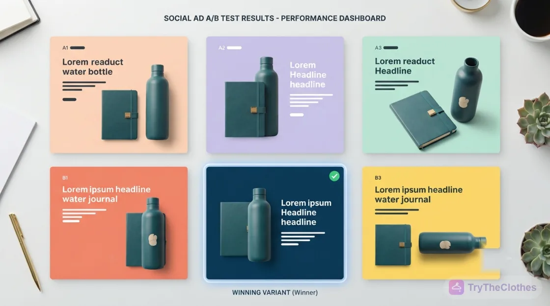 Six variations of the same ad in different colours and layouts, with one marked as the winning variant