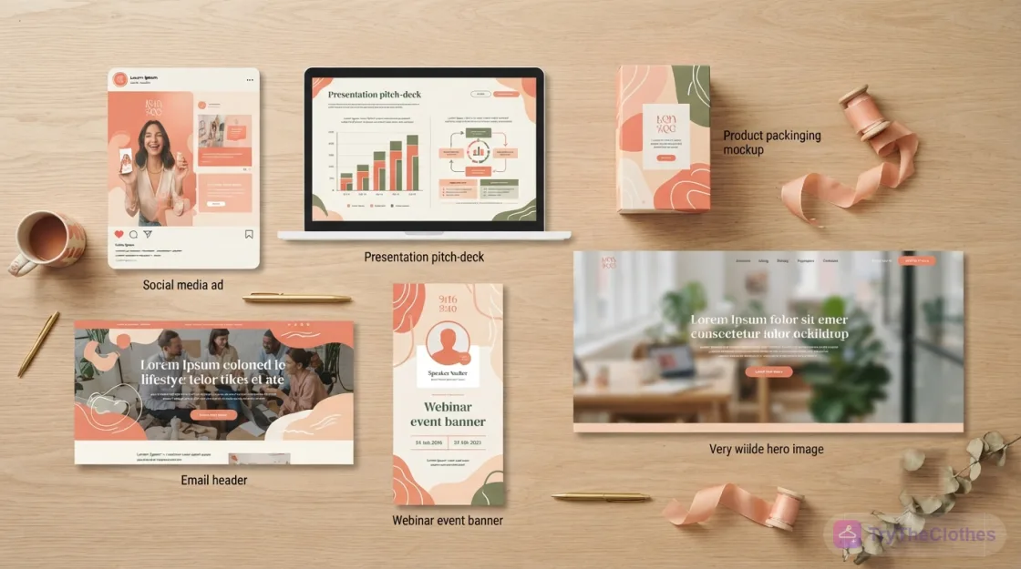 A set of on-brand marketing assets made with AI: a social ad, a pitch-deck slide, an email banner, an event banner and a website hero