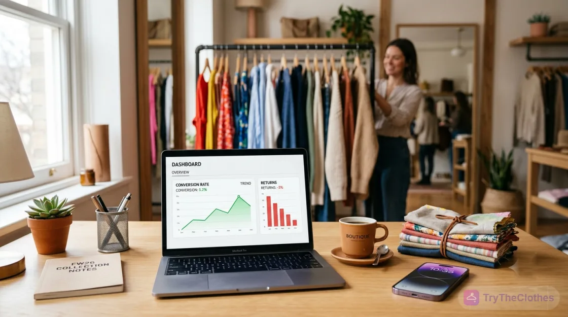 A boutique owner's laptop showing an analytics dashboard with a rising conversion line and falling returns