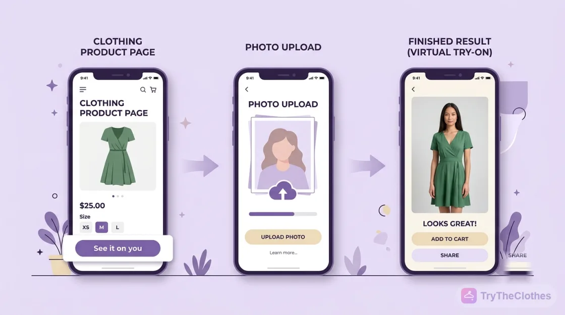 Three phone screens showing the shopper flow: a product page with a See it on you button, a photo upload, and the finished try-on result