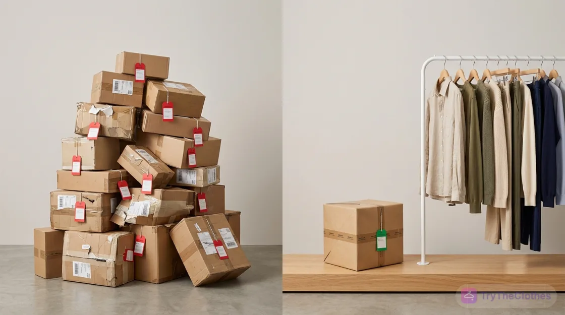 A large stack of return parcels on the left versus a single delivered parcel and a tidy clothing rail on the right