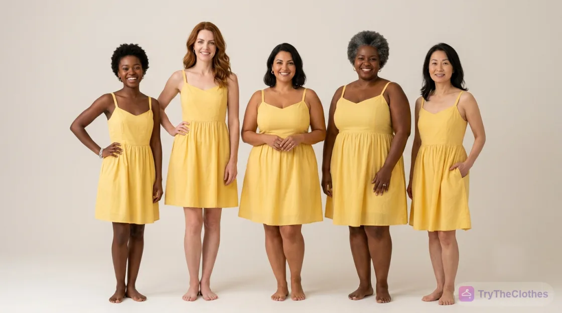 Five women of different body types, ages and skin tones all shown wearing the same yellow dress