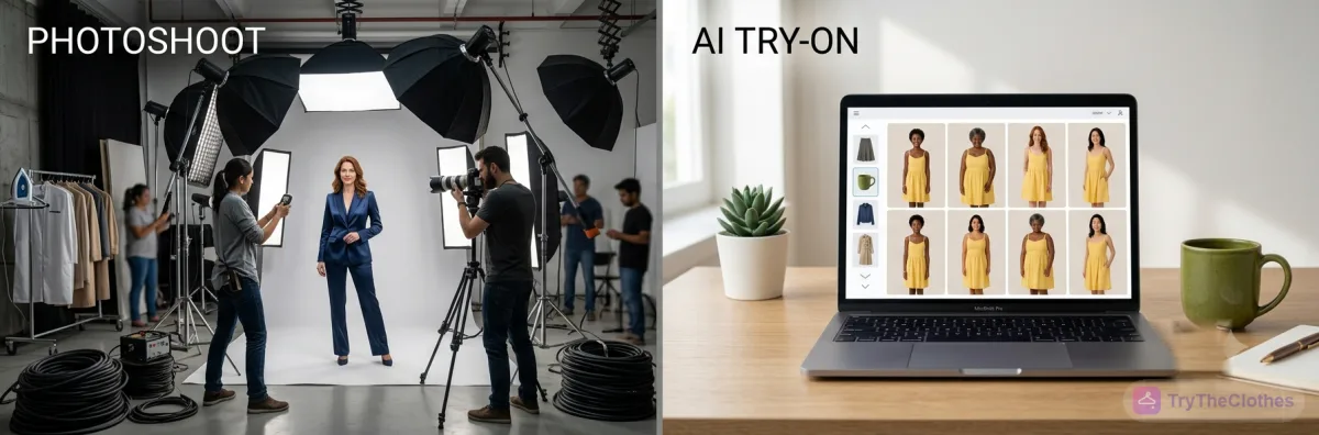 A costly studio photoshoot with a model, photographer and lights versus a laptop generating on-body product images with AI