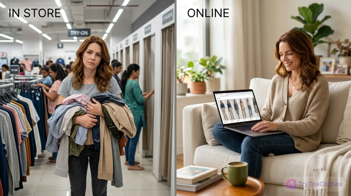 A woman queueing at a fitting room with an armful of clothes versus the same woman previewing outfits at home on a laptop