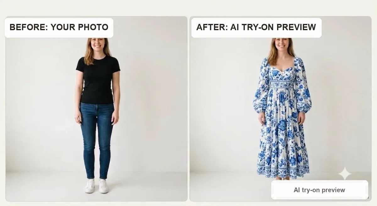 Left, a woman in a black t-shirt and jeans against a plain wall. Right, the same woman shown wearing a blue floral midi dress as an AI try-on preview.