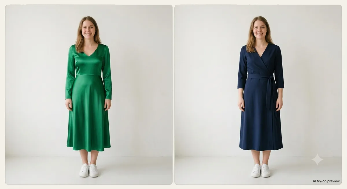 The same woman shown in two dresses side by side as AI try-on previews: a green satin midi dress and a navy wrap dress.