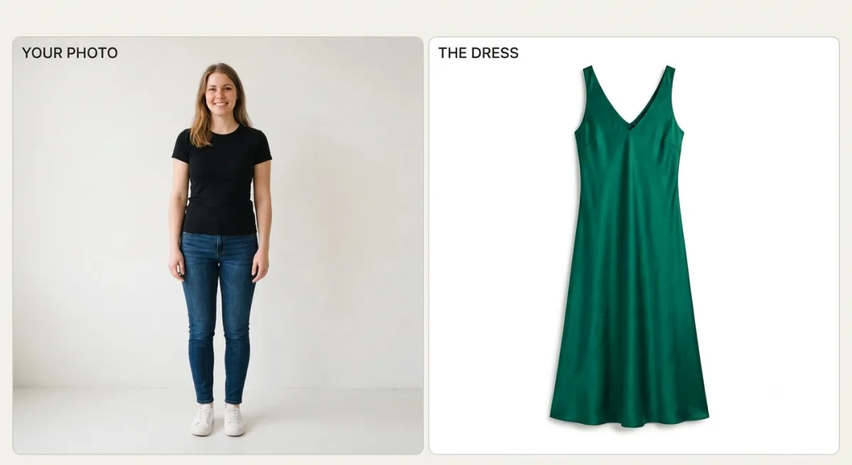 The two inputs for a dress try-on side by side: a full-body photo of a woman in a t-shirt and jeans, and a flat-lay of a green satin midi dress.
