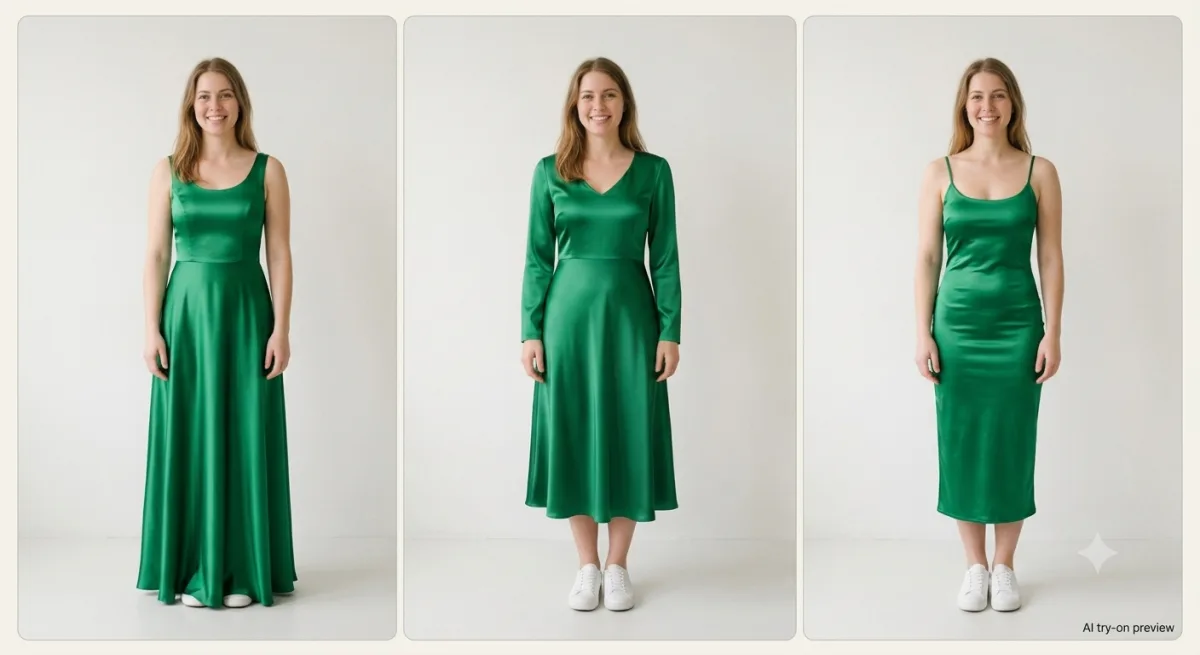 One woman shown in three green dress styles as AI try-on previews: a floor-length maxi, a knee-length midi and a fitted slip dress.