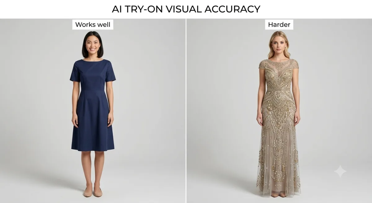 Two AI try-on previews compared: a clean structured navy dress that renders realistically, and a heavily beaded sheer gown where fine detail is harder to reproduce.