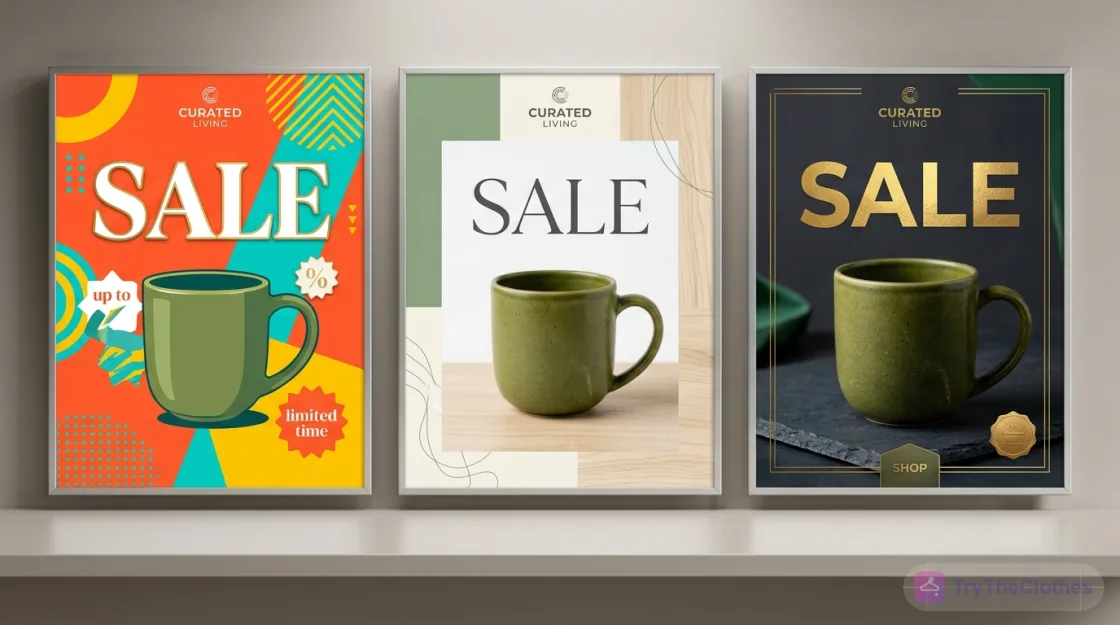 Three different sale banner designs for the same product in bold, minimal and premium styles