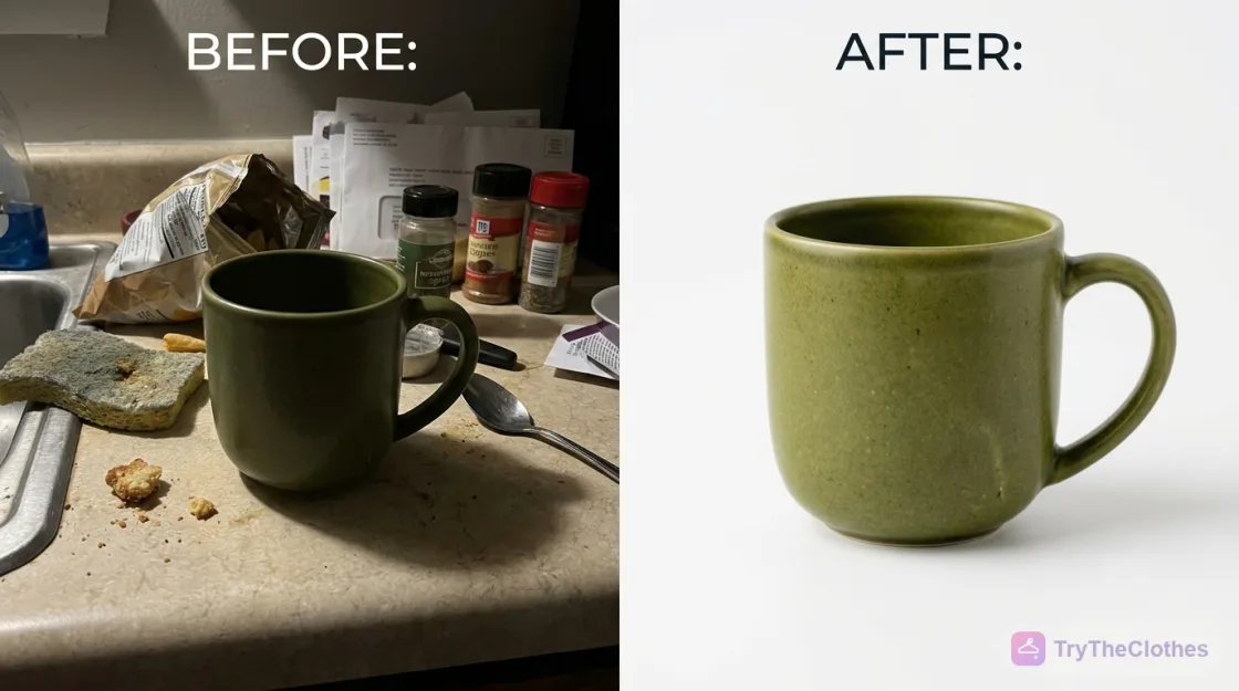 Before and after: a mug shot on a cluttered counter in dim light versus the same mug cleaned onto a pure white studio background