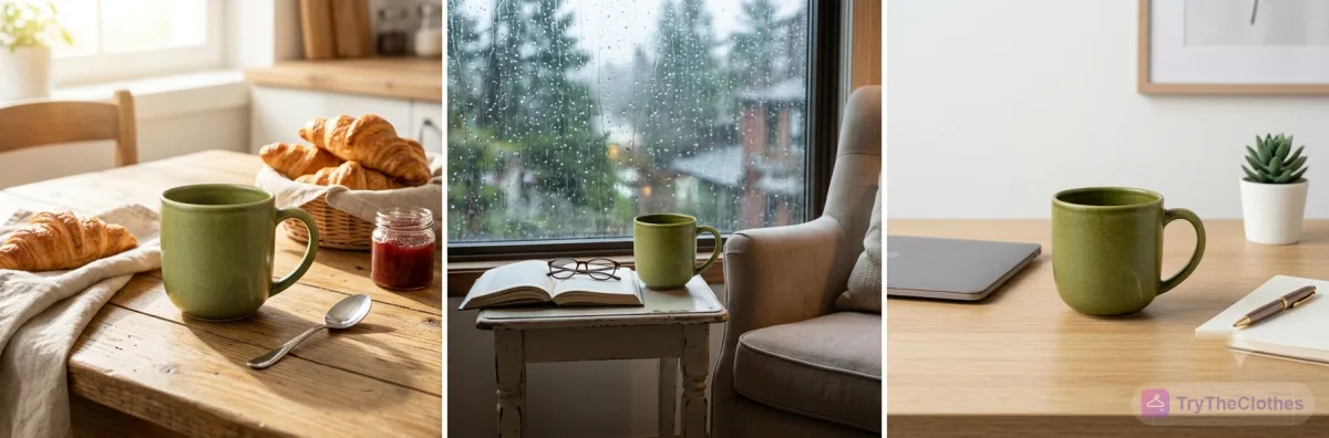 The same mug shown in three lifestyle scenes: a breakfast table, a reading nook by a window, and a work desk