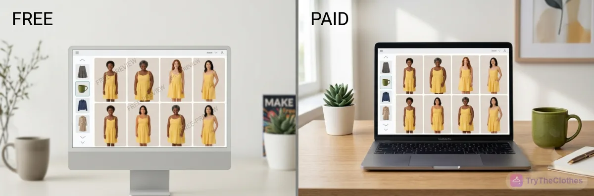 A free-tier result shown smaller with a watermark next to a larger, crisp, watermark-free paid version