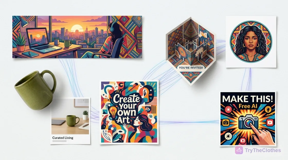 A collage of things made with a free AI image generator: a social post, a video thumbnail, a blog header, an invitation, an avatar and a product mockup