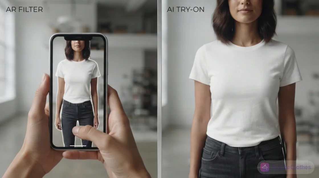 A flat AR filter overlaid on a phone's live camera next to a clean, realistic AI try-on still