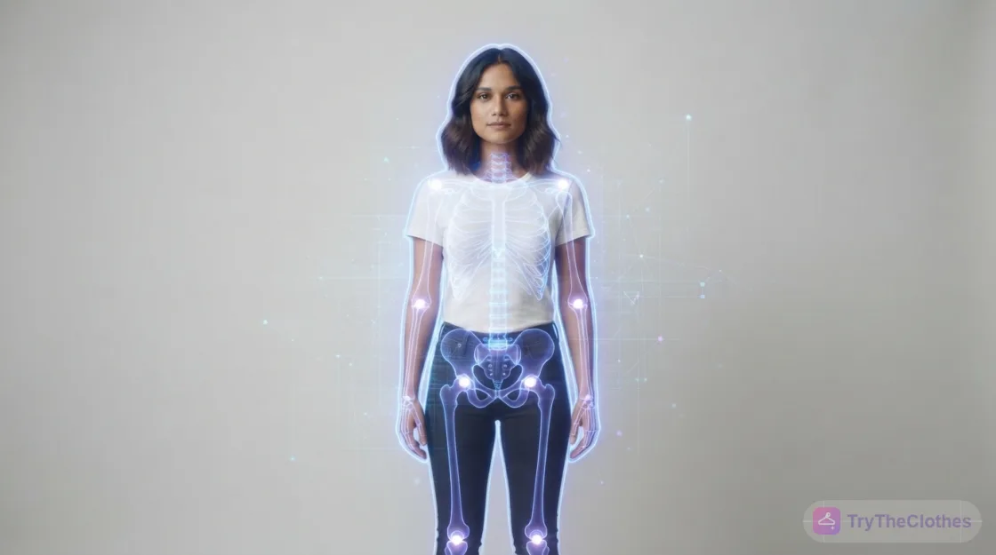A woman with a glowing pose skeleton and landmark dots overlaid, showing the AI reading her body from a photo