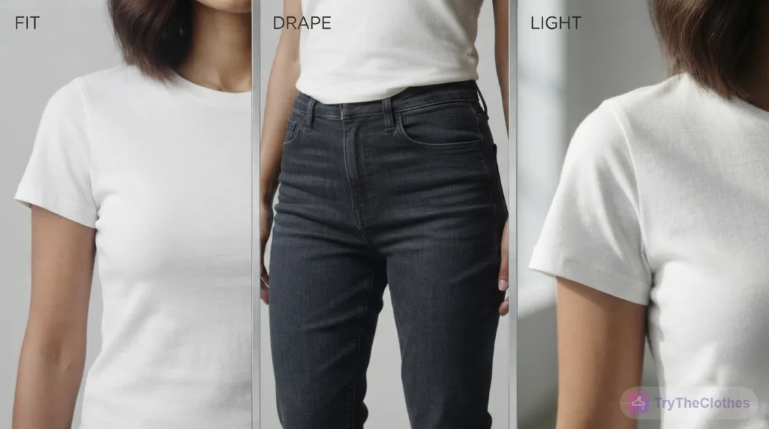Three close-ups showing fit, drape and light: the garment following the body, natural folds, and matching shadows