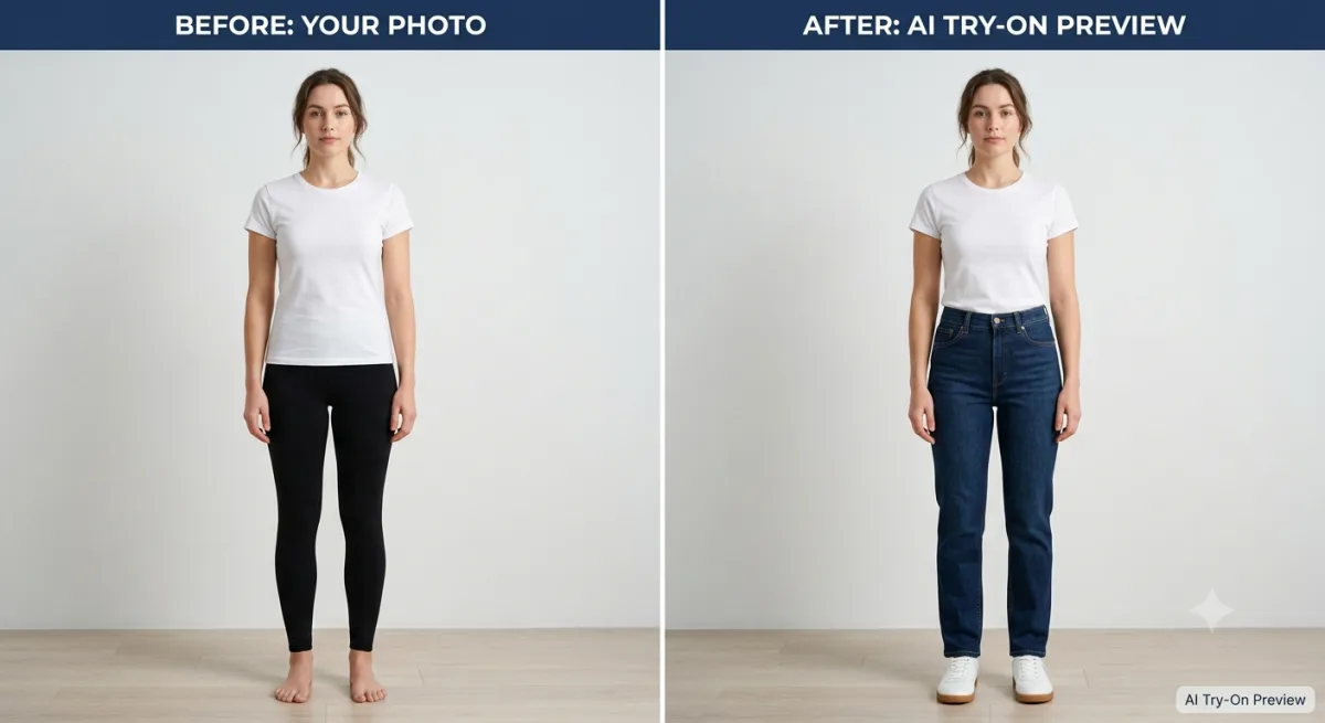 Left, a woman in a white t-shirt and grey trousers. Right, the same woman shown in dark straight-leg jeans as an AI try-on preview.
