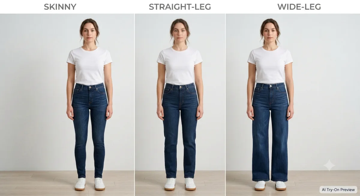 The same woman shown in three jeans cuts side by side as AI try-on previews: skinny, straight-leg and wide-leg, all in a mid indigo wash.