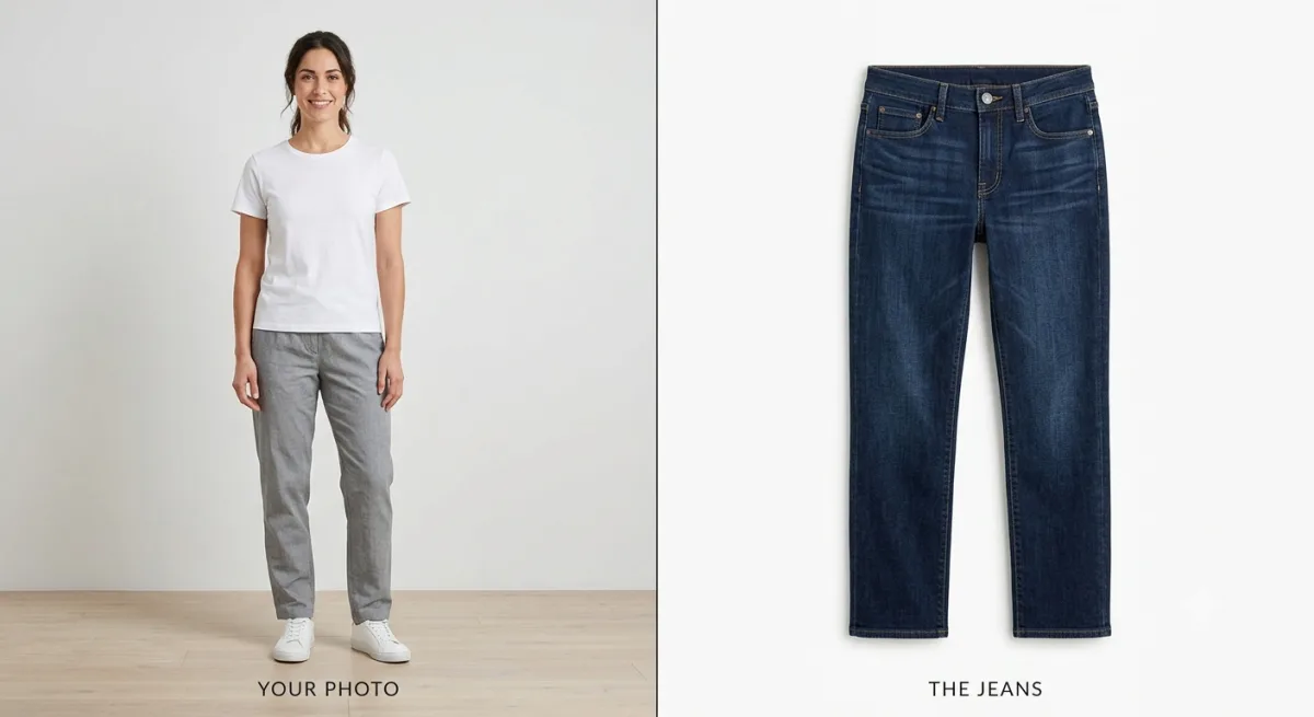 The two inputs for a jeans try-on side by side: a full-body photo of a woman, and a flat-lay of dark-wash straight-leg jeans.