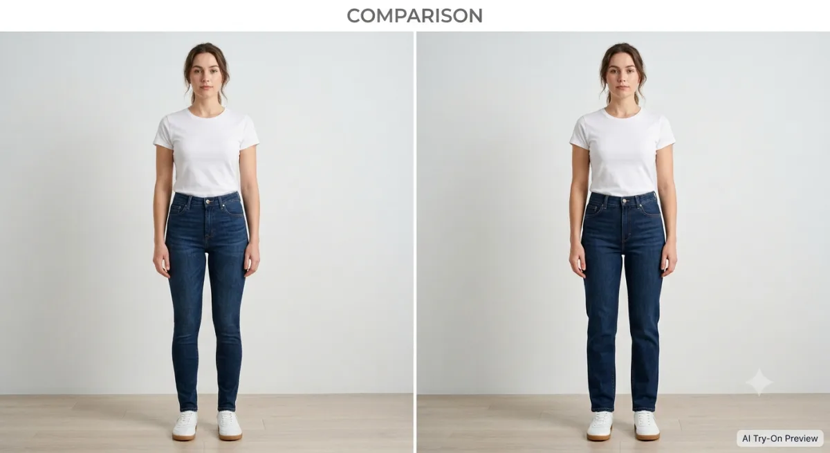The same woman shown in skinny jeans and straight-leg jeans side by side, both dark wash, as AI try-on previews.