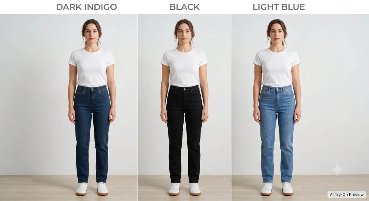 The same straight-leg jeans shown in three washes side by side as AI try-on previews: dark indigo, black and light blue.