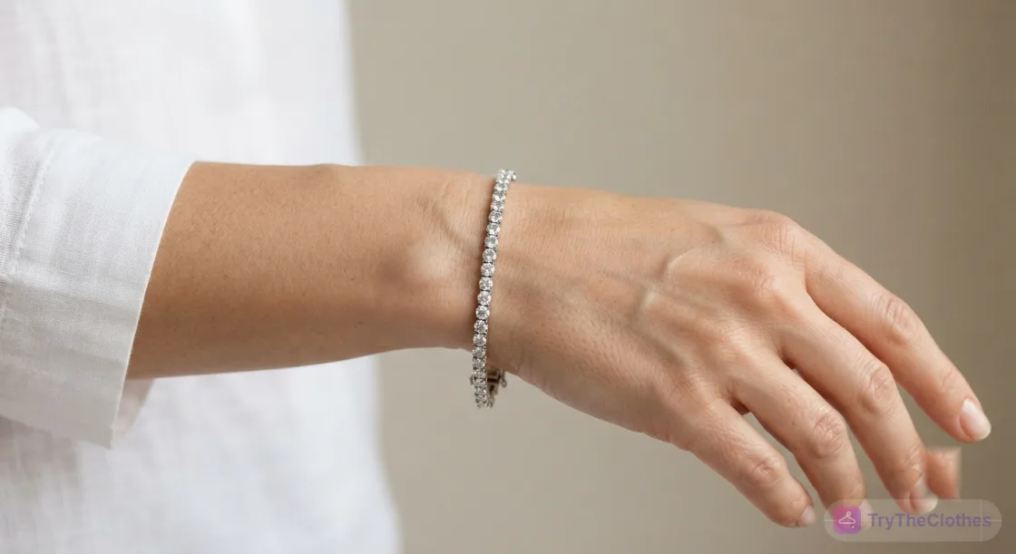 A diamond tennis bracelet shown on a model's wrist and forearm