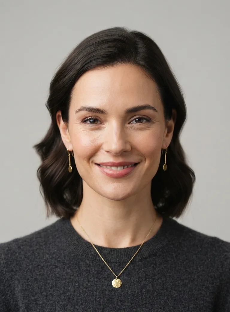 Gold drop earrings shown on a model with her hair tucked back and face straight on