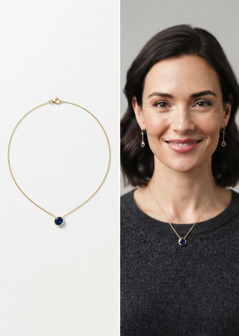 A sapphire pendant necklace shown as a flat product photo on the left and worn on a woman's neckline on the right after the AI try-on
