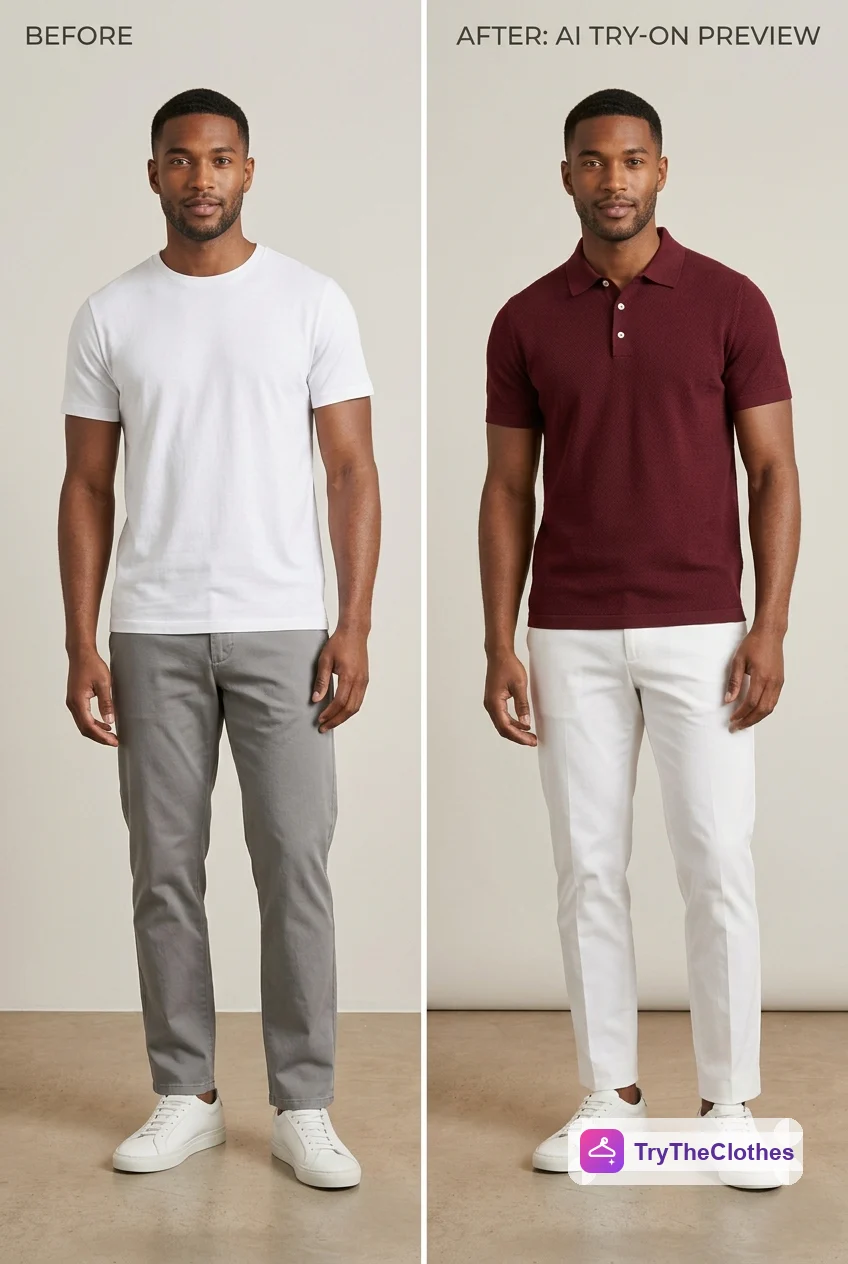 Left, a man in a white t-shirt and grey chinos. Right, the same man shown in a burgundy polo and white trousers as an AI try-on preview.