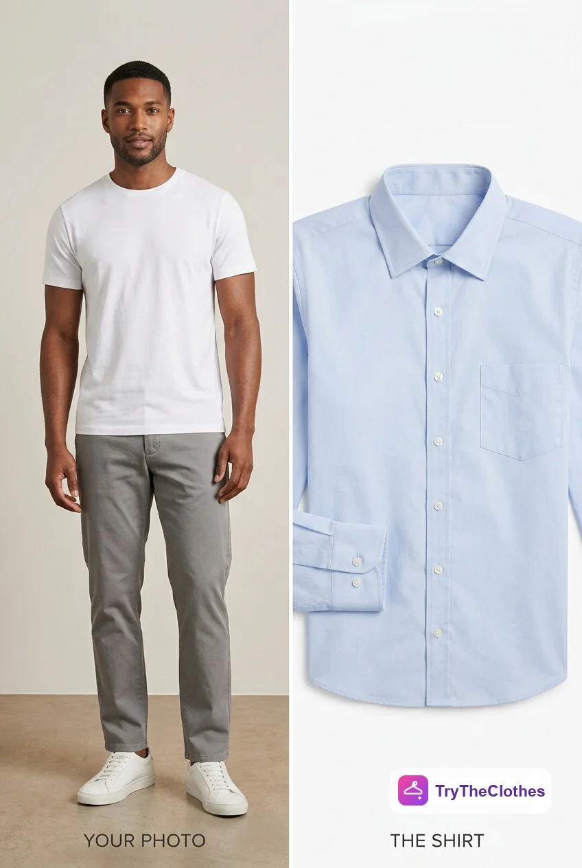 The two inputs for a menswear try-on side by side: a full-body photo of a man, and a flat-lay of a pale blue shirt.