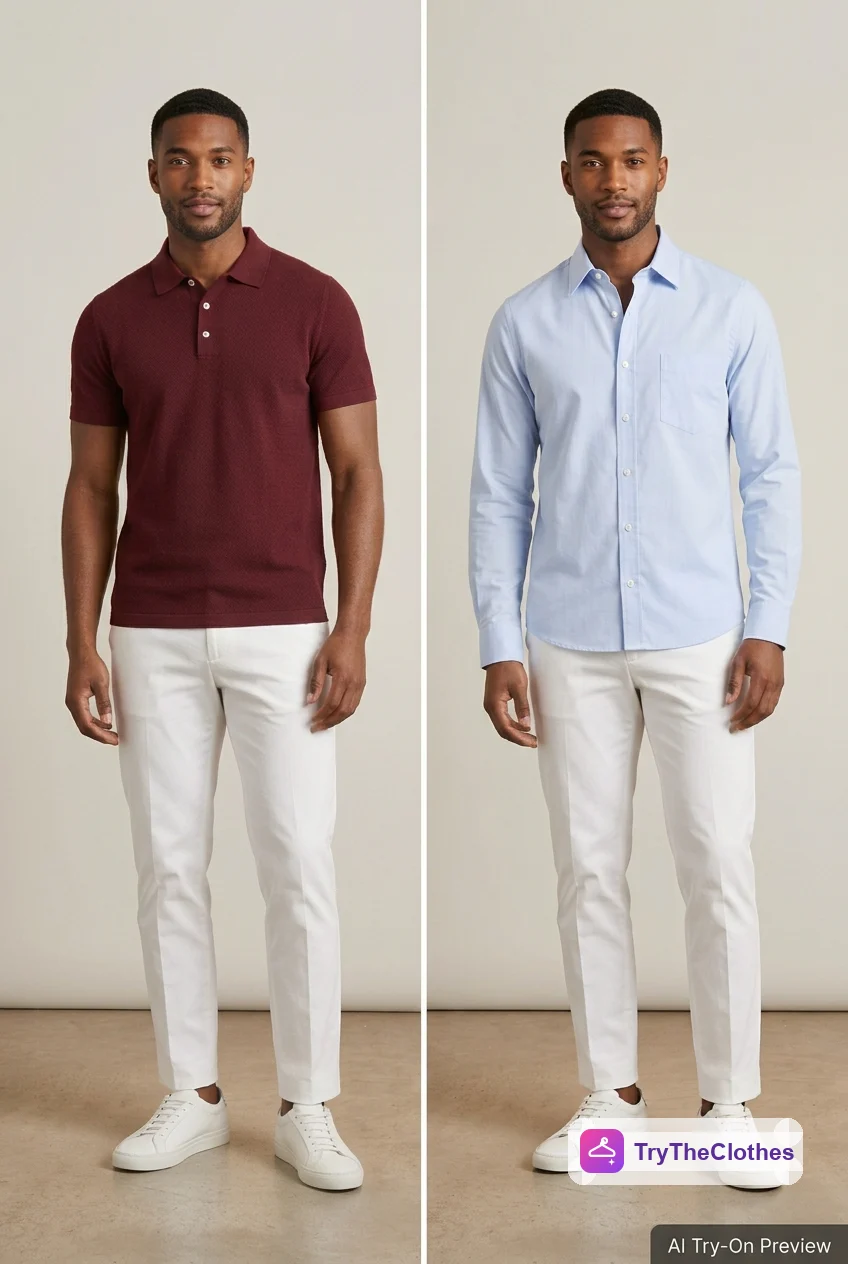 The same man shown in a burgundy polo and a pale blue button-up shirt side by side, both with white trousers, as AI try-on previews.