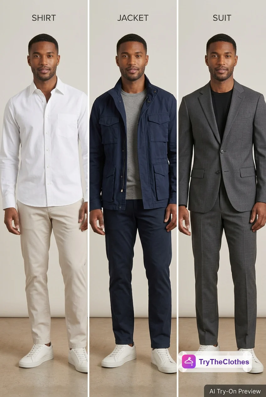 The same man shown in three menswear looks side by side as AI try-on previews: a white shirt, a navy jacket, and a charcoal suit.