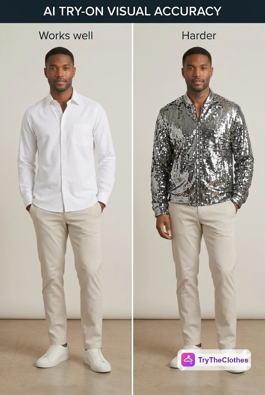 Two AI try-on previews compared: a plain cotton shirt that renders realistically, and a shiny sequined jacket where fine detail is harder to reproduce.