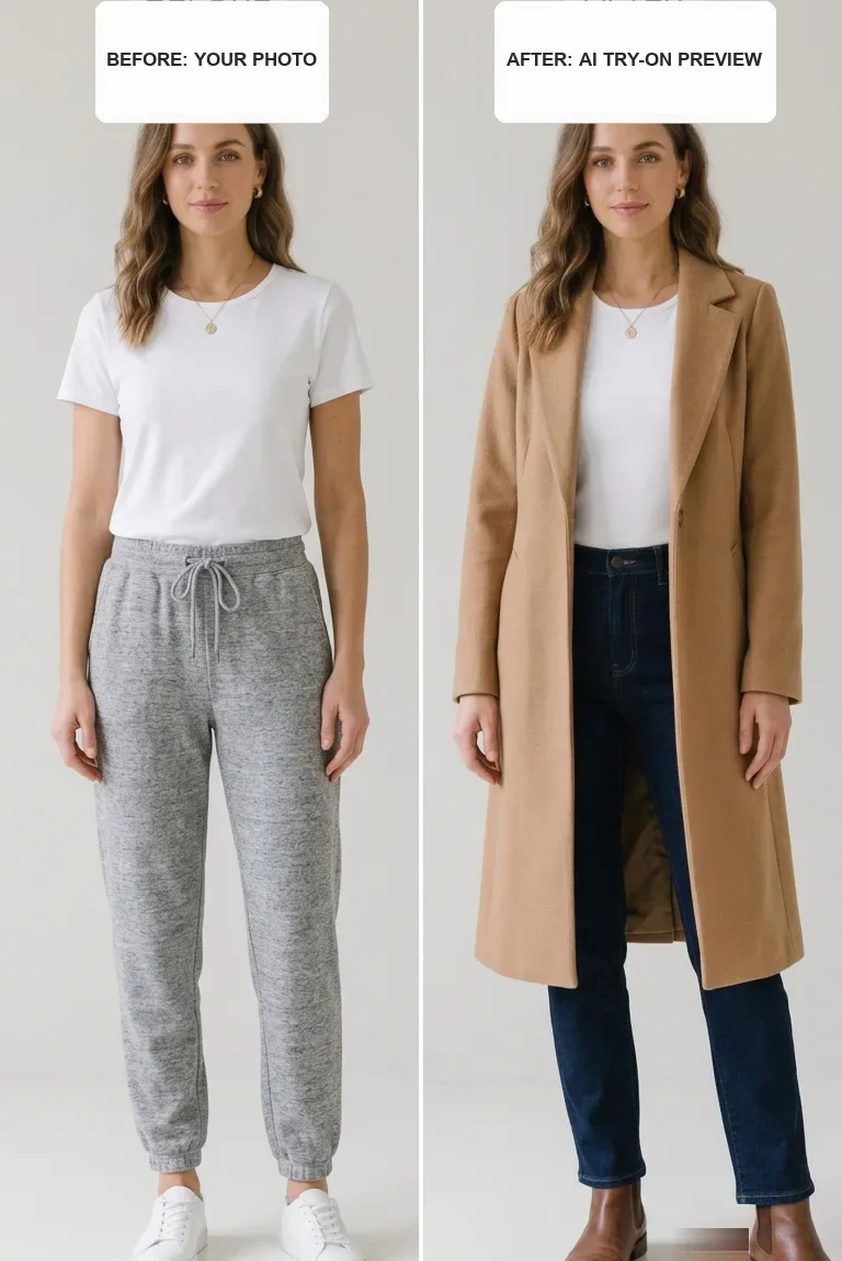 Before and after: a woman's own photo on the left and an AI preview of her wearing a camel coat on the right