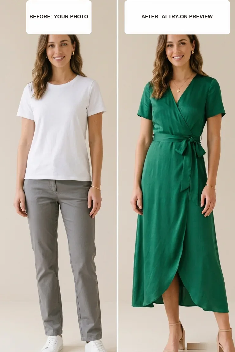 Before and after: a woman's plain photo on the left and an AI preview of her in an emerald-green wrap dress on the right