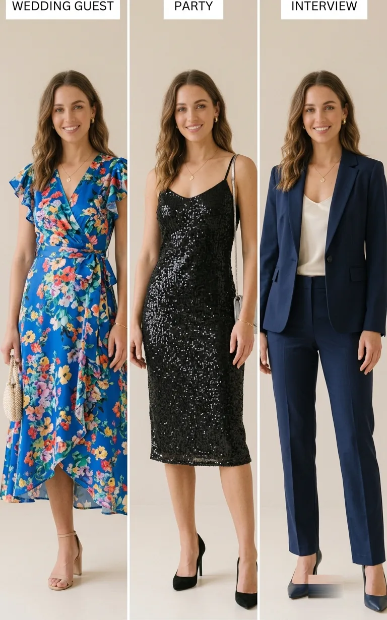 The same woman previewed in three occasion outfits: a floral wedding-guest midi, a black sequin party dress and a navy interview suit