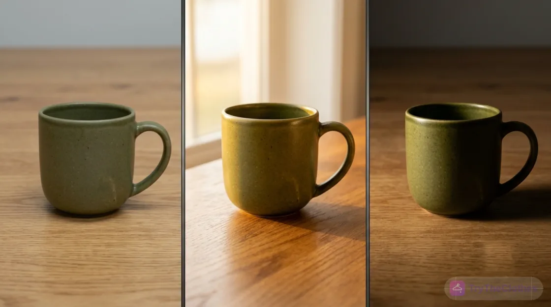 The same coffee mug generated three times with flat, warm golden-hour, and dramatic side lighting