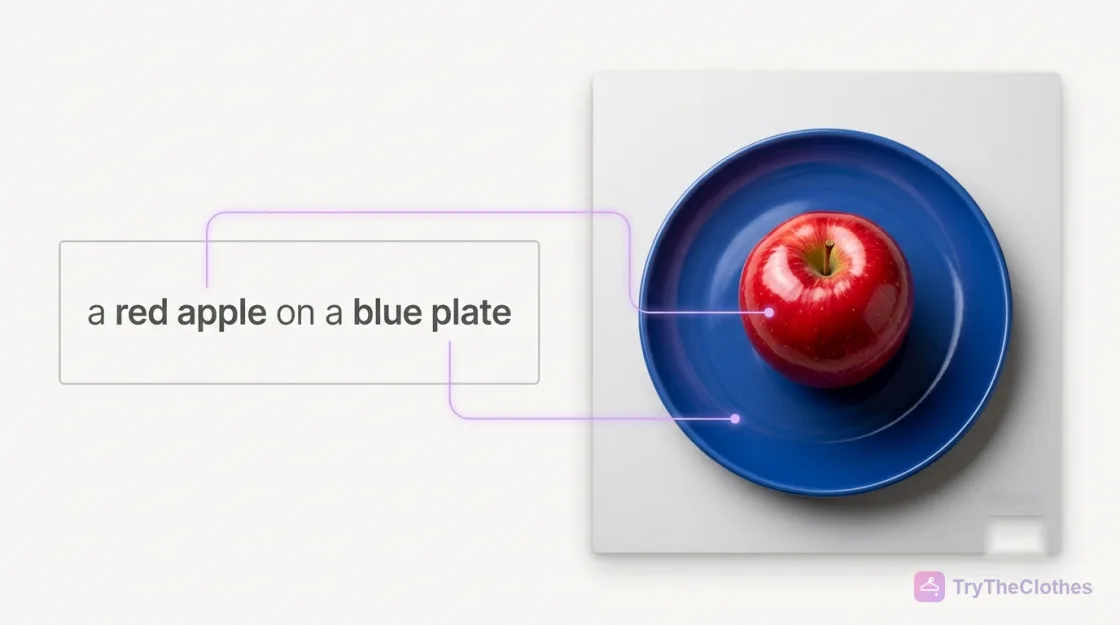 The prompt 'a red apple on a blue plate' linked by lines to a generated image of a red apple on a blue plate
