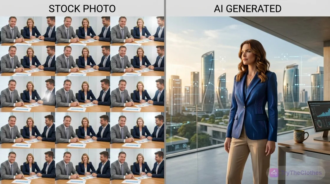 A wall of repeated identical stock photos versus a single unique AI-generated image