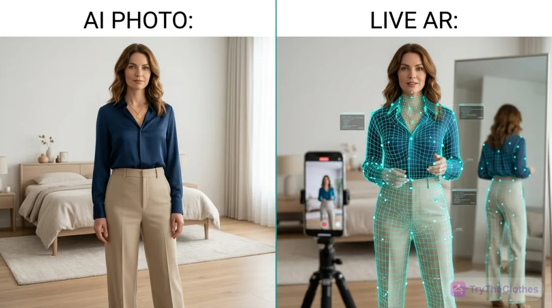 Two approaches side by side: a still AI photo of a woman in an outfit, and a live AR try-on with a 3D tracking overlay