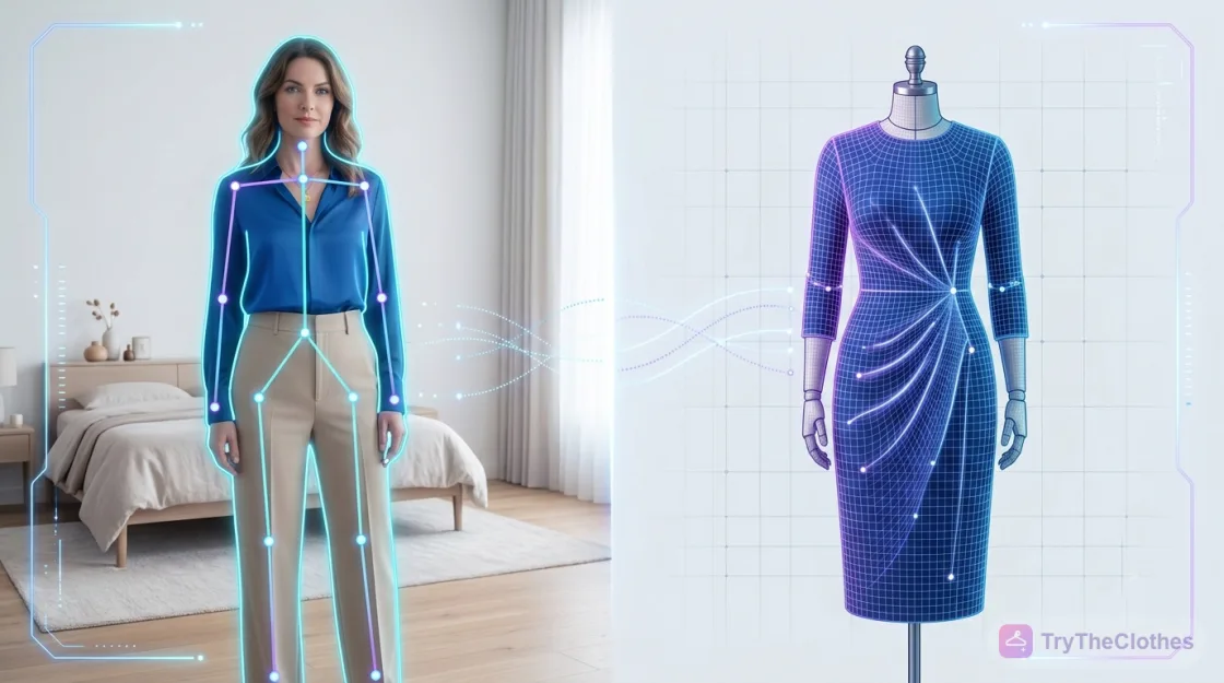 A person with a pose skeleton overlaid on the left, and a dress on a fabric mesh grid on the right